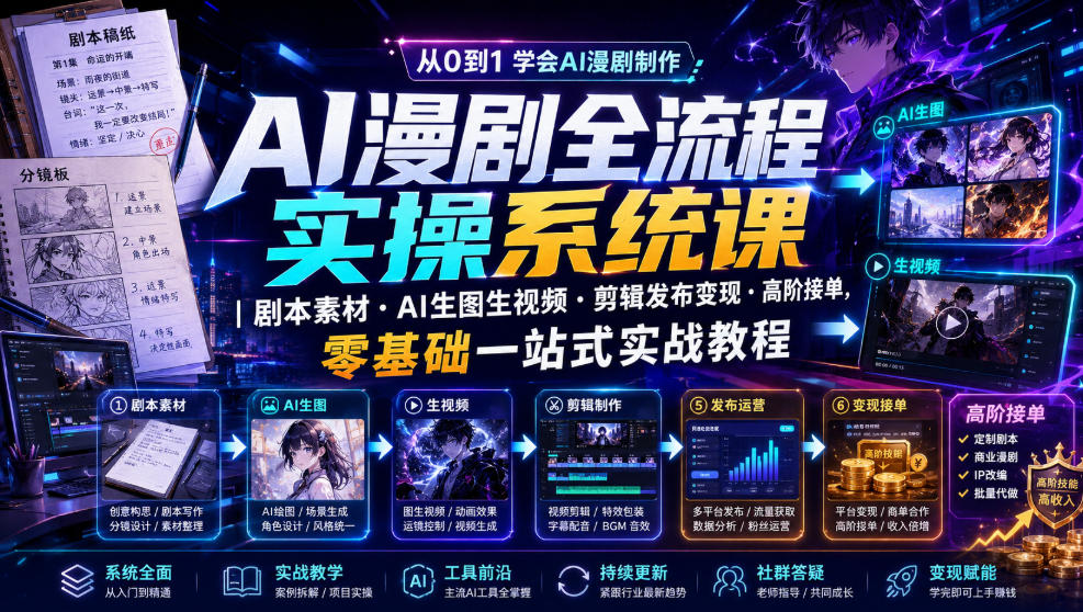 AI漫剧全流程实操系统课|剧本素材・AI生图生视频・剪辑发布变现・高阶接单,零基础一站式实战教程-极栈网络