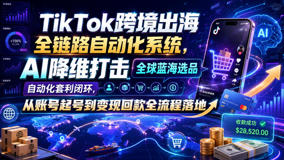 TikTok跨境出海全链路自动化系统,AI降维打击全球蓝海选品自动化套利闭环,从账号起号到变现回款全流程落地(2026年7月)-极栈网络