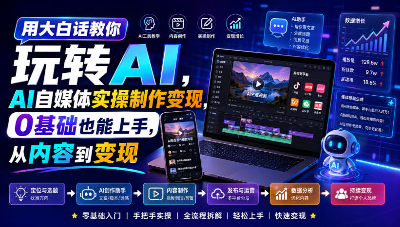 用大白话教你玩转AI，AI自媒体实操制作变现，0基础也能上手，从内容到变现-极栈网络