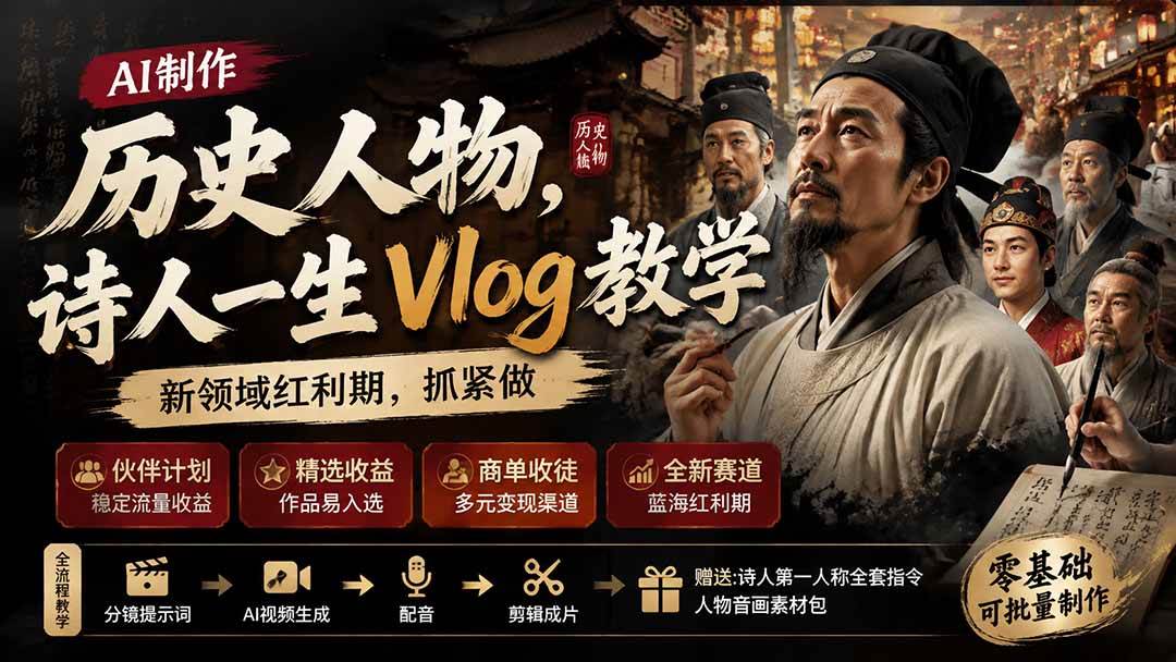 （19758期）历史人物，诗人一生Vlog教学， AI制作丨伙伴计划丨精选收益丨商单收徒 ，新领域红利期，抓紧做-极栈网络
