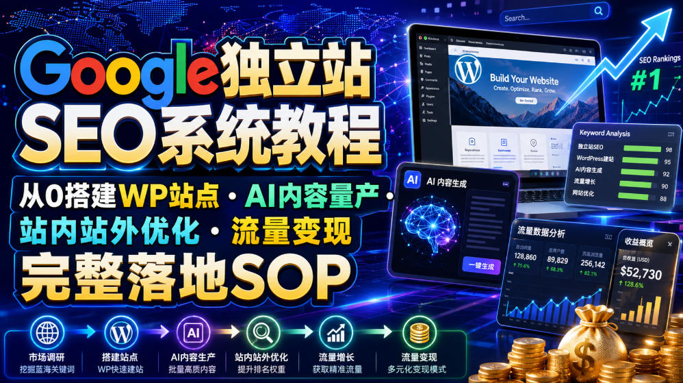 Google独立站SEO系统教程,从0搭建WP站点・AI内容量产・站内站外优化・流量变现完整落地SOP(2026年7月)-极栈网络