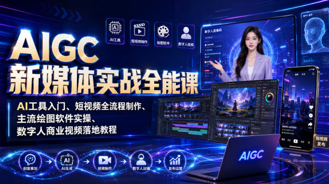 AIGC新媒体实战全能课|AI工具入门、短视频全流程制作、主流绘图软件实操、数字人商业视频落地教程-极栈网络