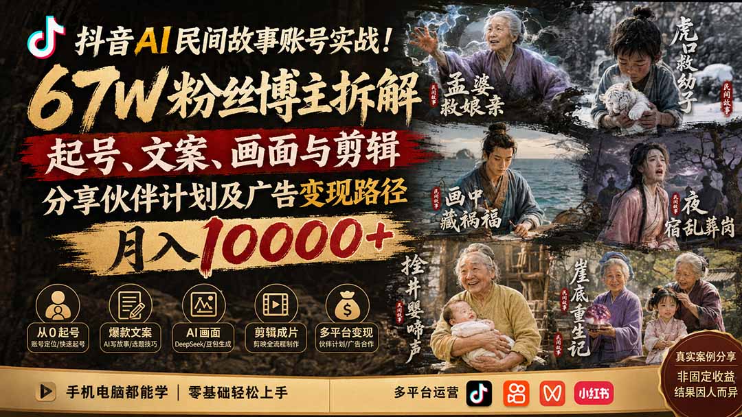 抖音AI民间故事账号实战!67W粉丝博主拆解起号、文案、画面与剪辑,分享伙伴计划及广告变现路径,月入10000+-极栈网络