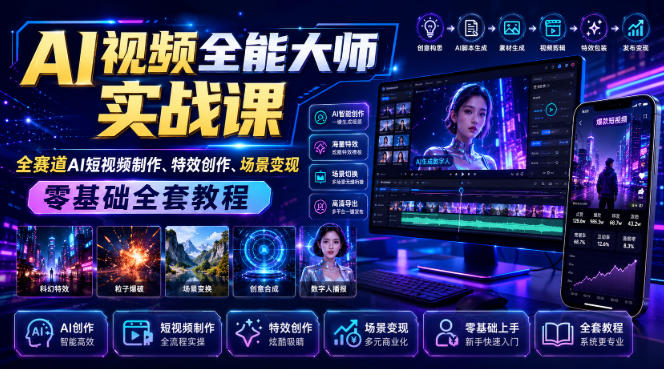 AI视频全能大师实战课|全赛道AI短视频制作、特效创作、场景变现零基础全套教程-极栈网络