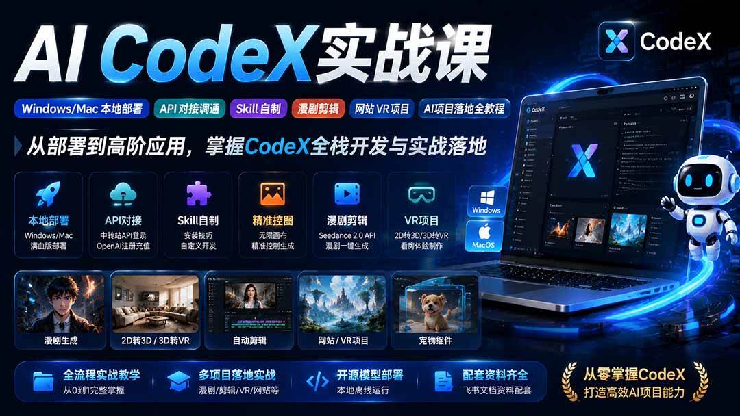 (19769期)AI CodeX实战课|Windows/Mac 本地部署|API 对接调通|Skill 自制|漫剧剪辑|网站 VR 项目|AI项目落地全教程 (19769期)AI CodeX实战课|Windows/Mac 本地部署|API 对接调通|Skill 自制|漫剧剪辑|网站 VR 项目|AI项目落地全教程