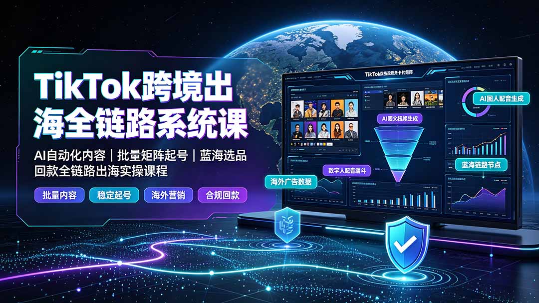 TikTok跨境出海全链路系统课-2026年7月:AI自动化内容|批量矩阵起号|蓝海选品回款全链路出海实操课程-极栈网络